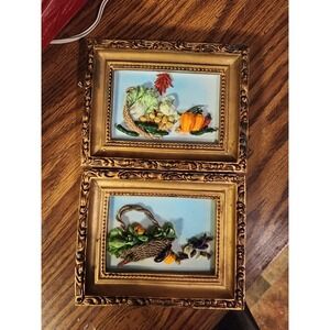 Vintage Set Of 2 Framed 3 Dimensional Vegetable & Mushrooms Hanging Chalk Art